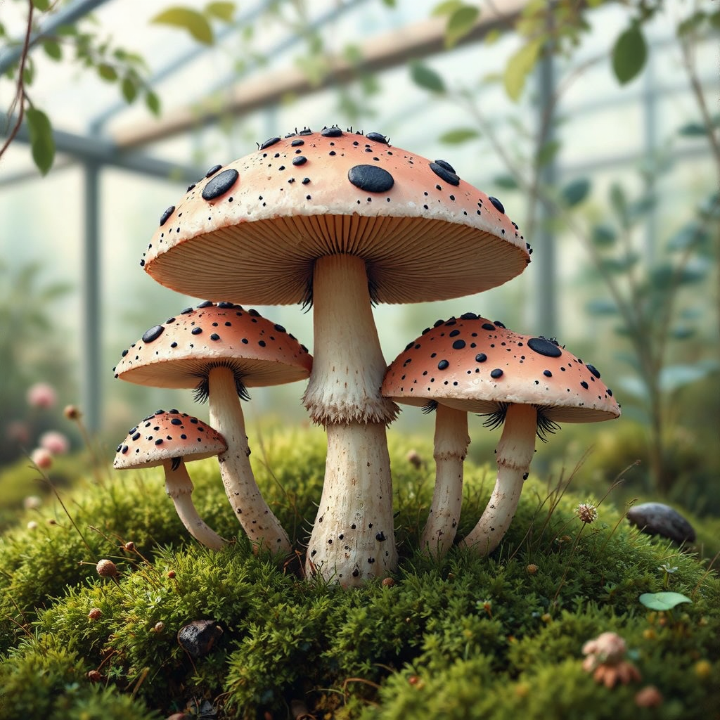 Peach-pink mushrooms grow in