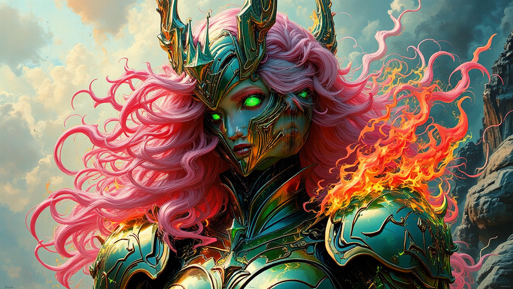 Pink-haired warrior with green