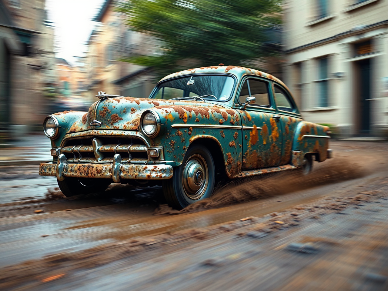Vintage Ford speeding down