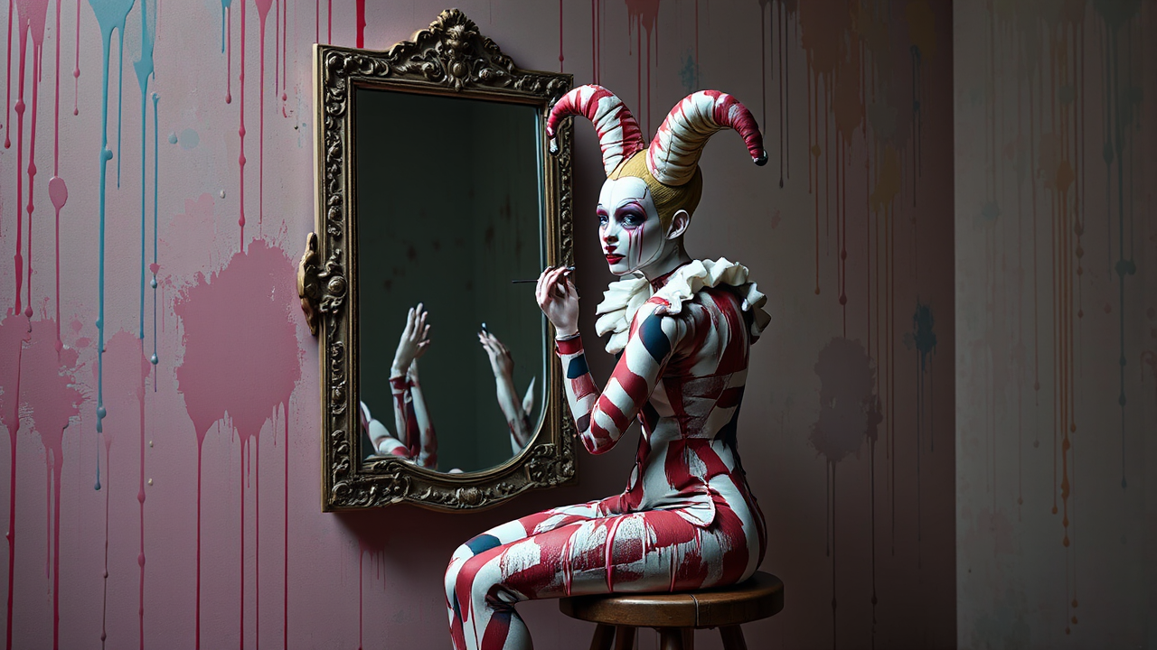 Harlequin doing self-portrait with