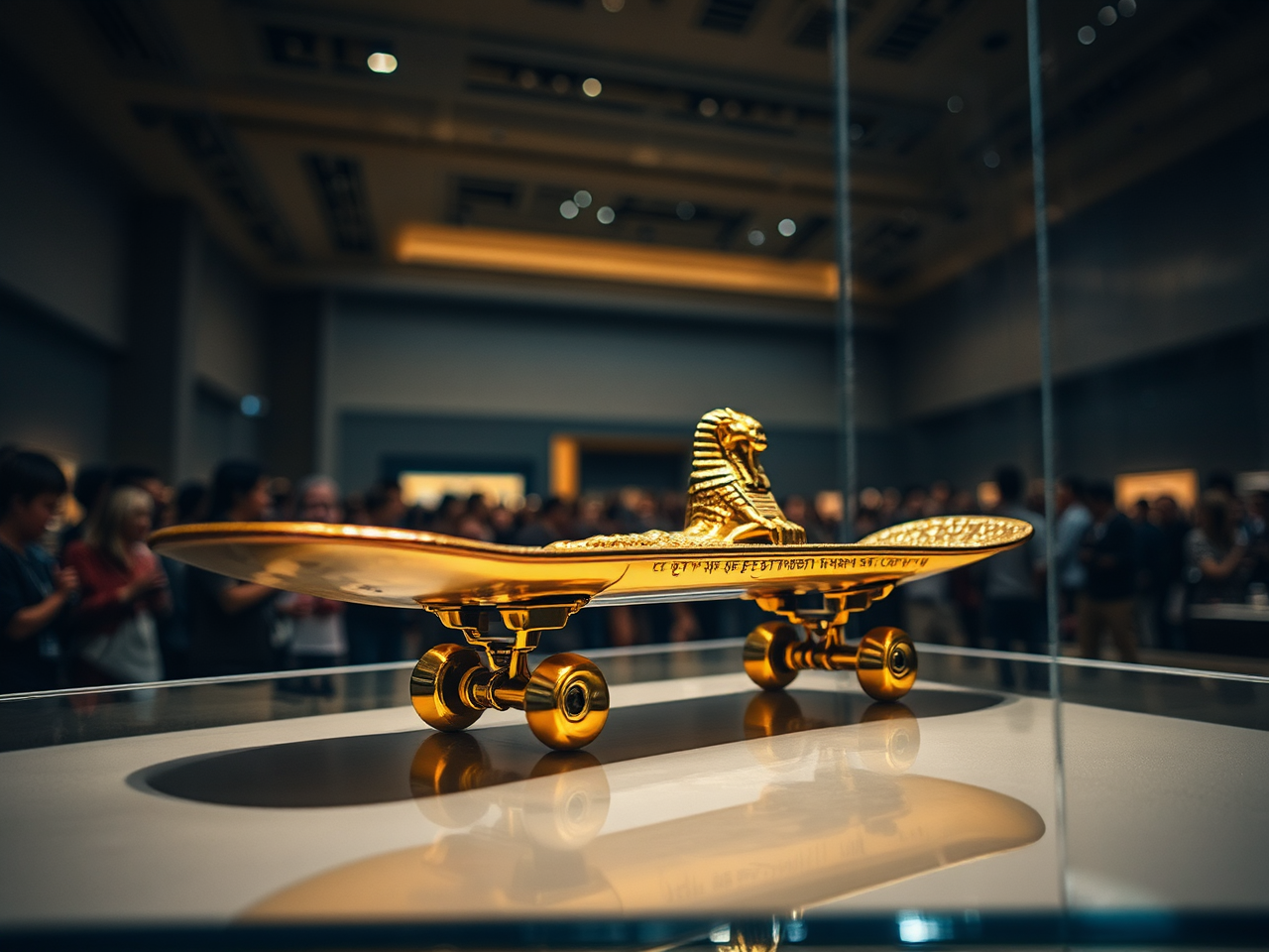 Golden skateboard on display.