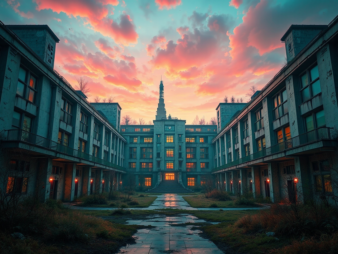 Abandoned university with neon