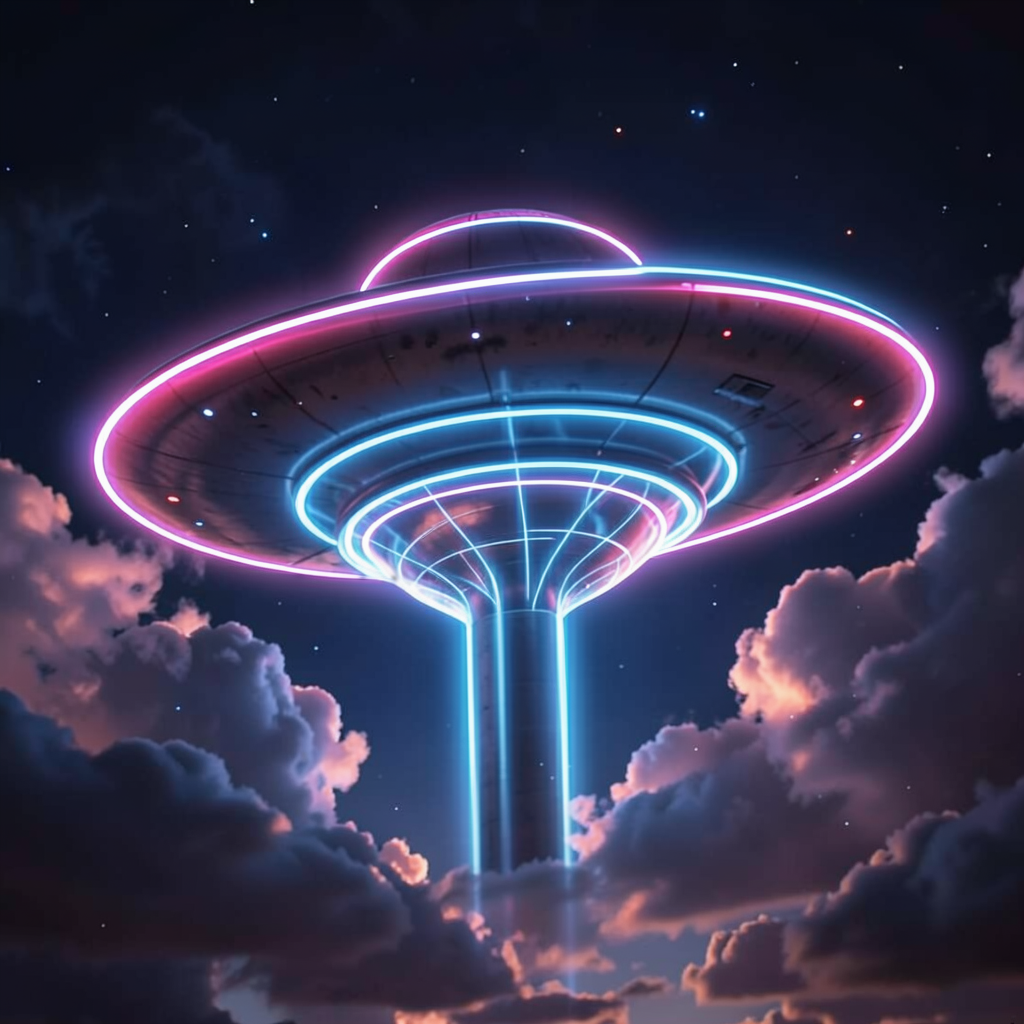 a giant glowing neon UFO in the sky