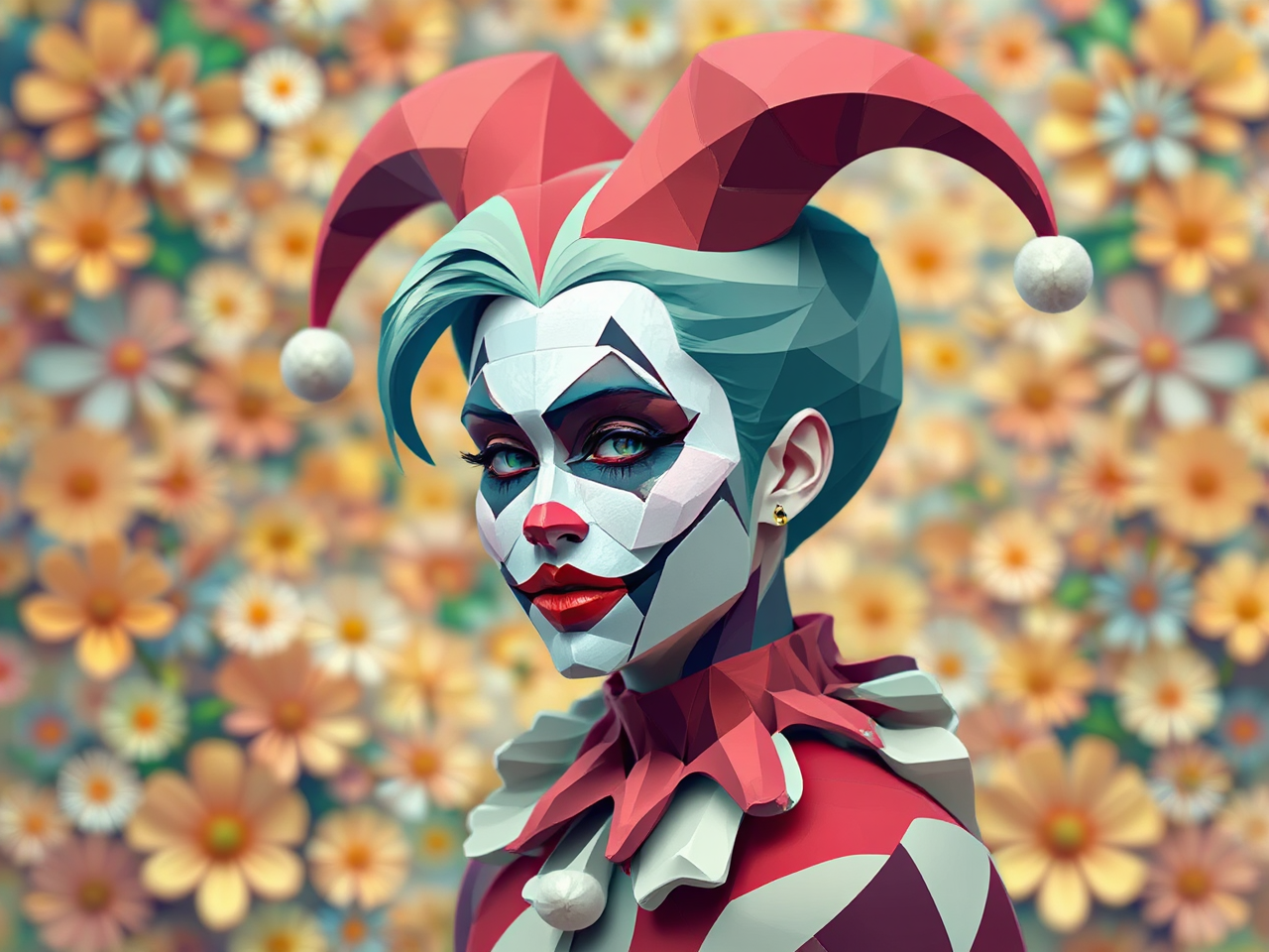 Geometrical, isometric harlequin portrait.