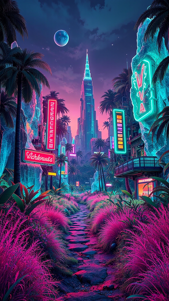 Fantasy meadow with neon