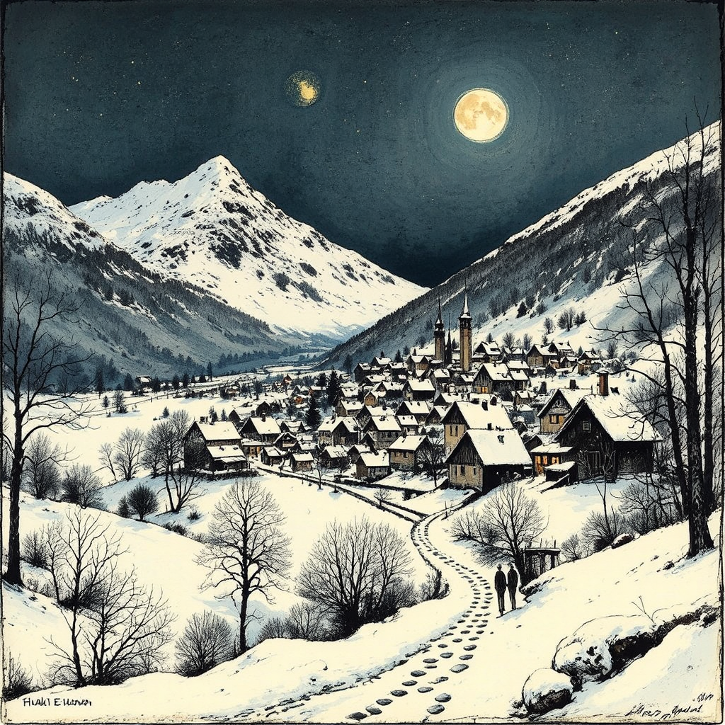Snow-covered village by moonlight.