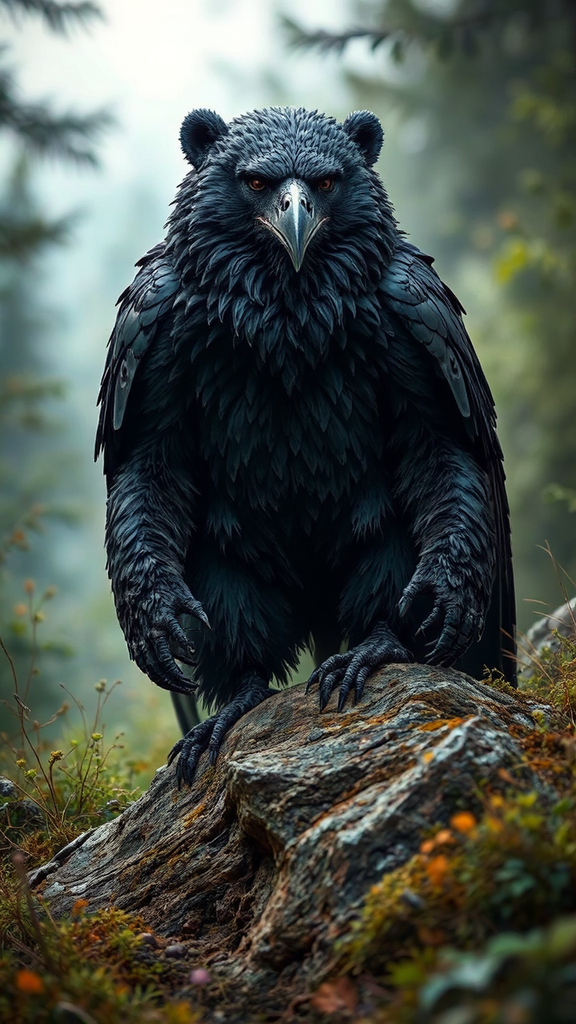 Raven-grizzly bear hybrid animal.