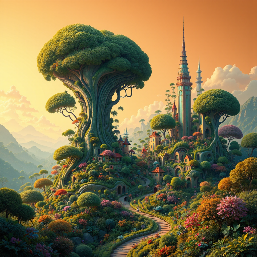 Cityscape covered in foliage.