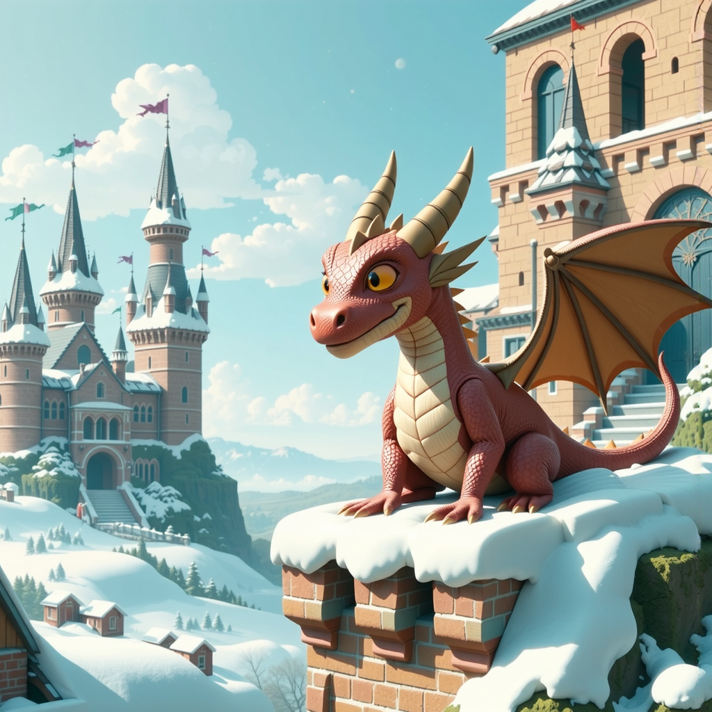 Friendly dragon near snow-covered