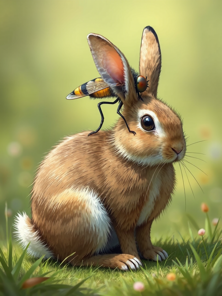A fly rides a rabbit.