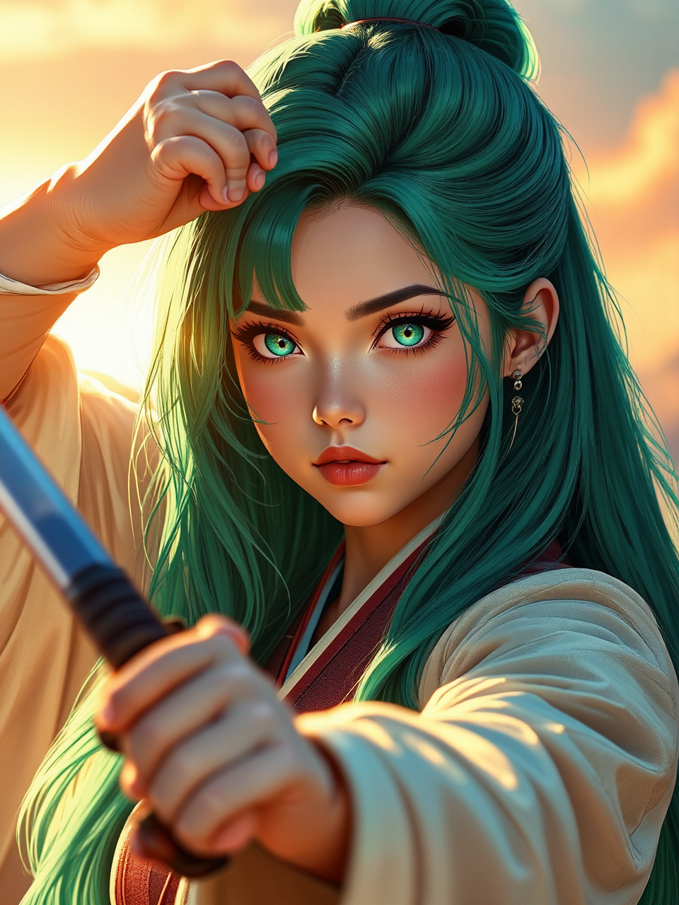 Female Samurai with emerald-green