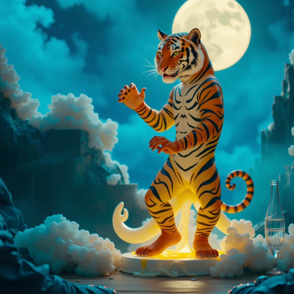 Translucent glowing tiger dancing