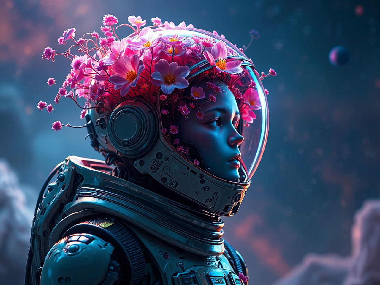 Astronaut with flowers growing