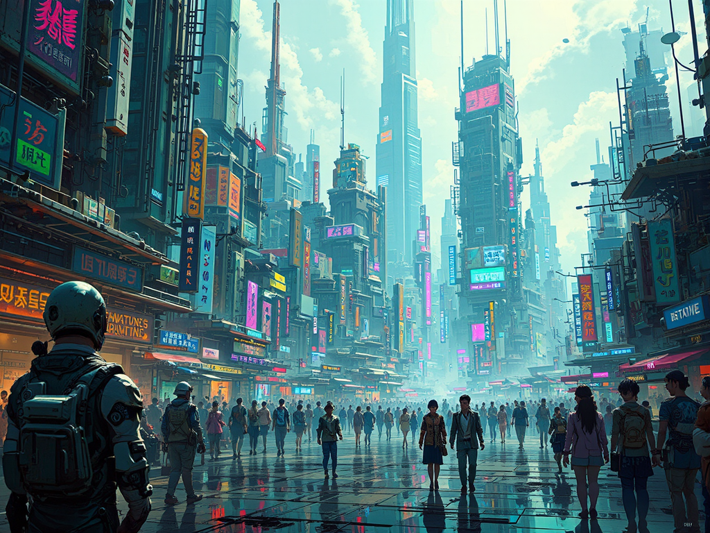 Cyberpunk city with cyborgs