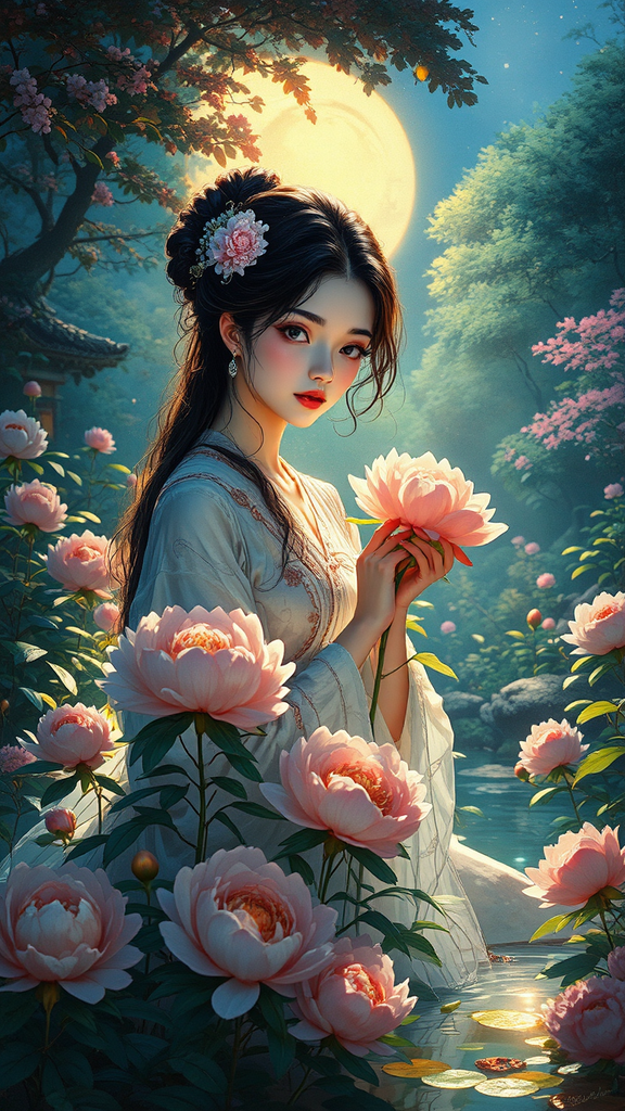 Woman cares for peonies.