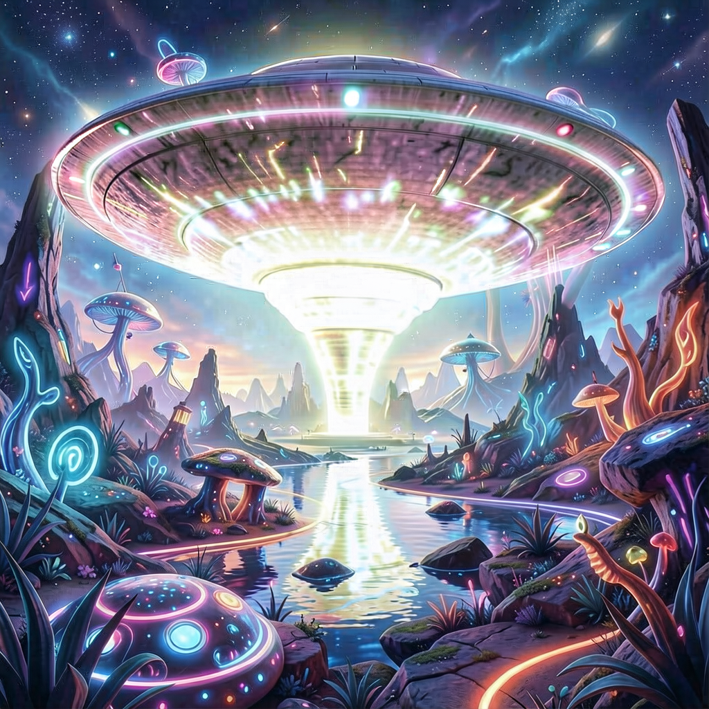 Giant glowing alien saucer hovering, neon blue & purple lights, dark sky backdrop, sci-fi style, ...