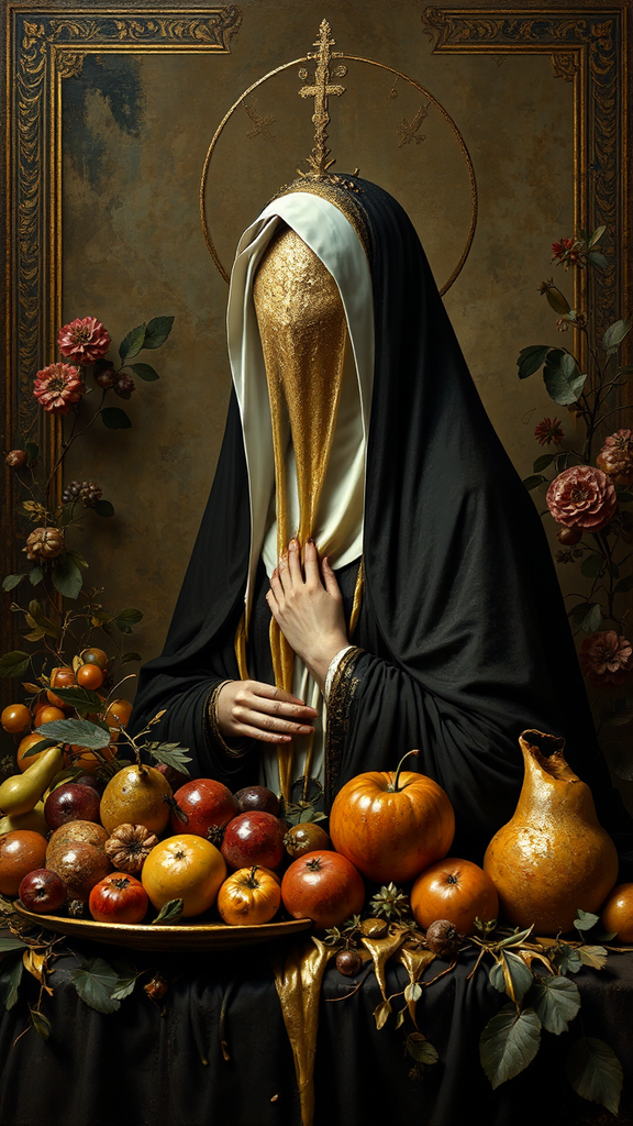 Veiled woman amidst lavish