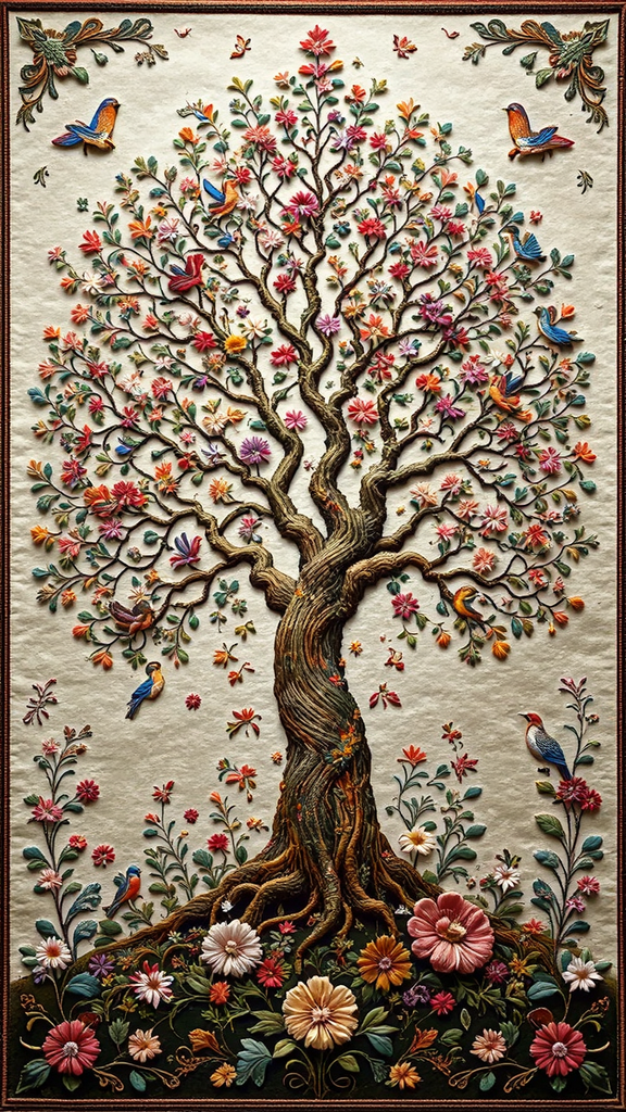 Embroidered velvet with birds