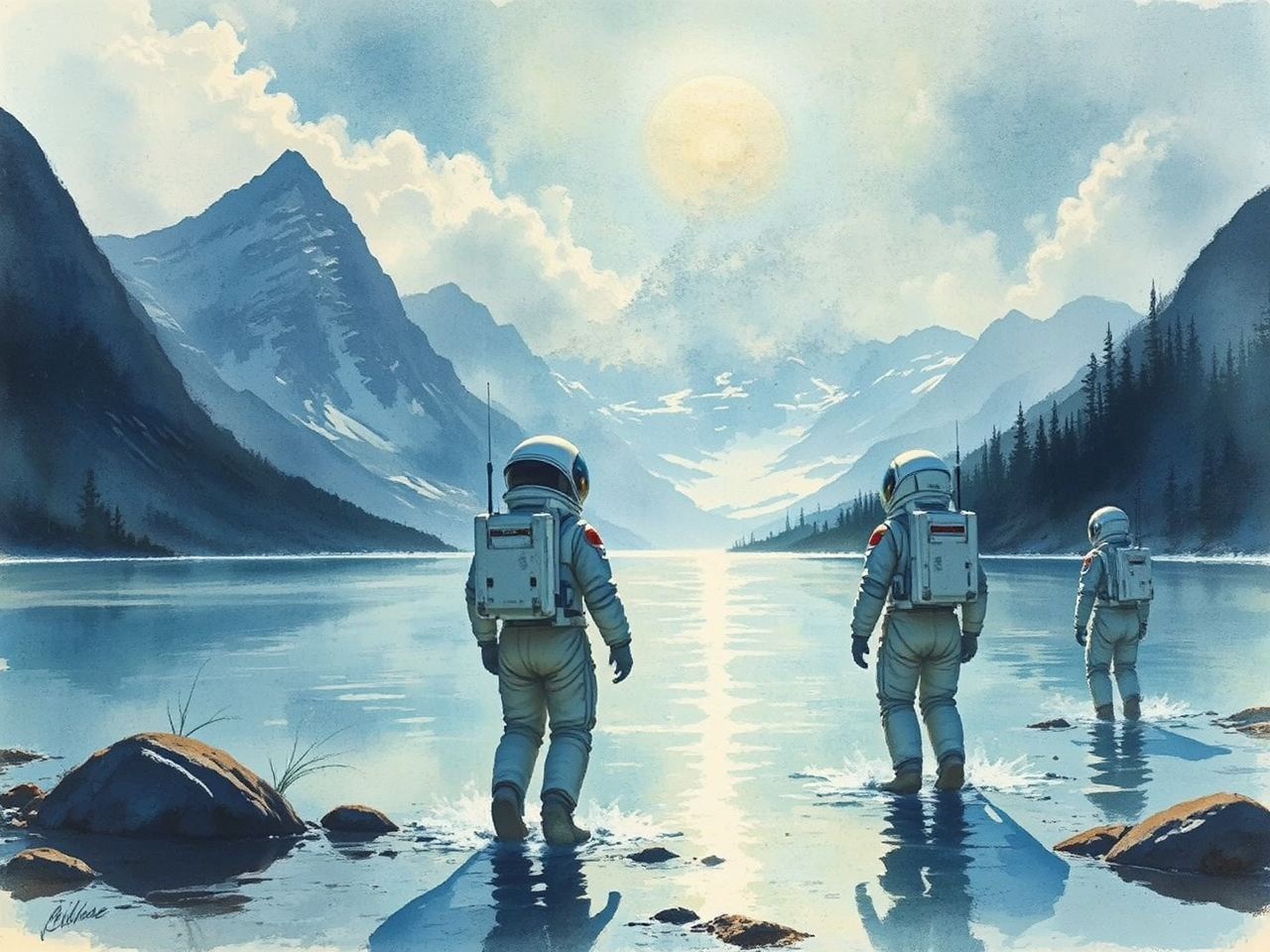 Astronauts emerge near a