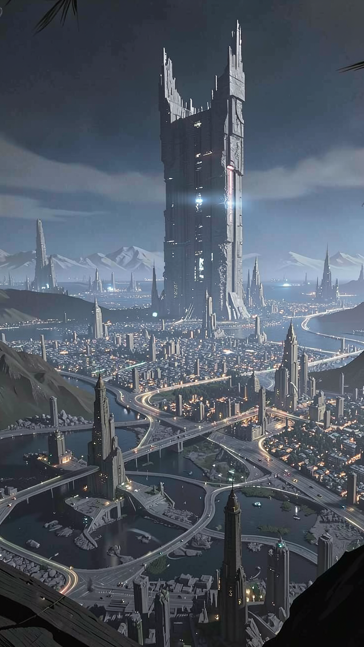 a sprawling alien city, a giant megastructure looms in the distance
