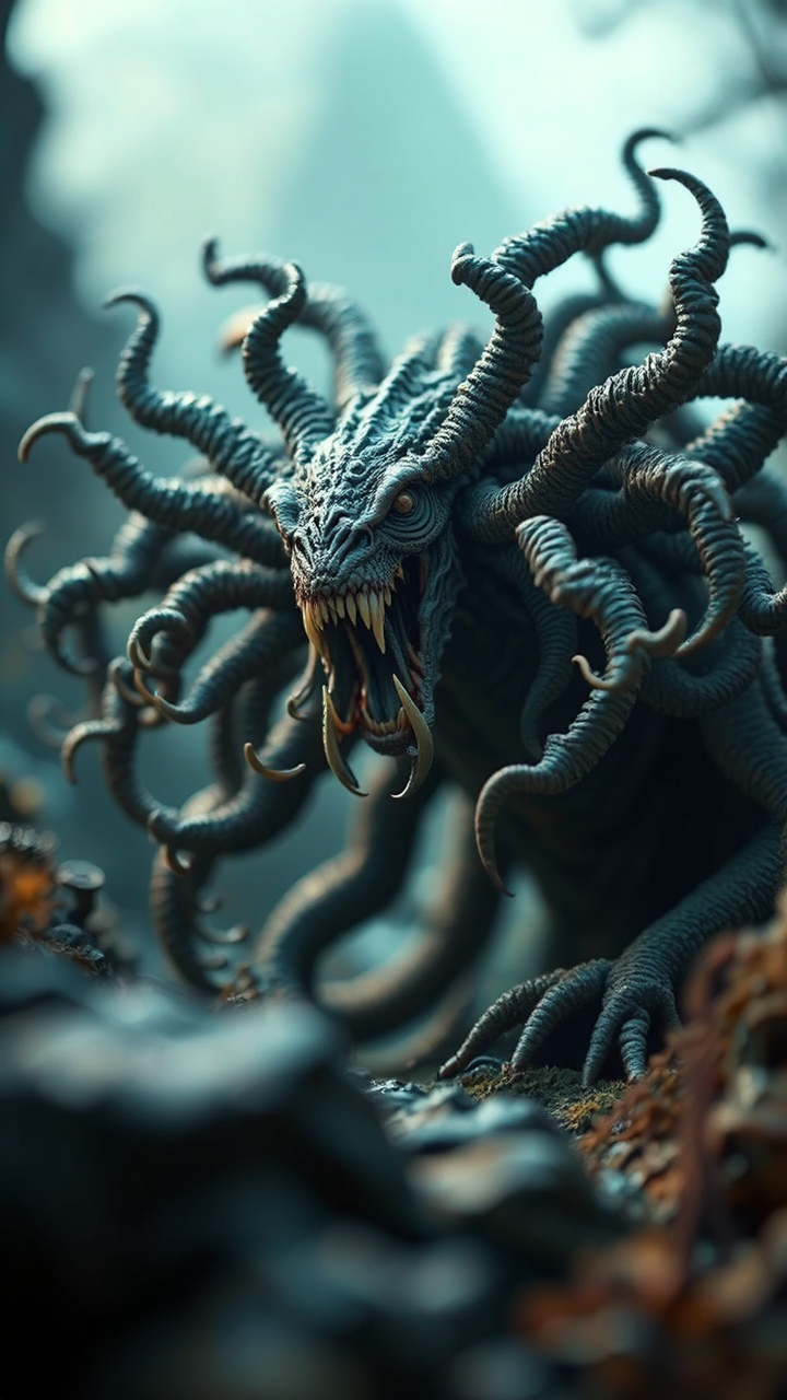 Mythological hydra with multiple