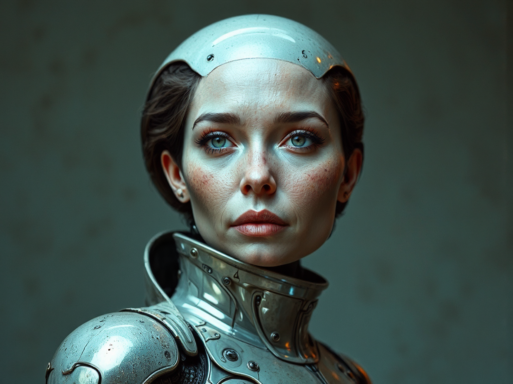 Woman in metallic spacesuit.