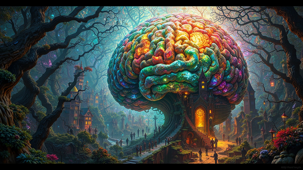 Brain-like Escher-inspired maze artwork.