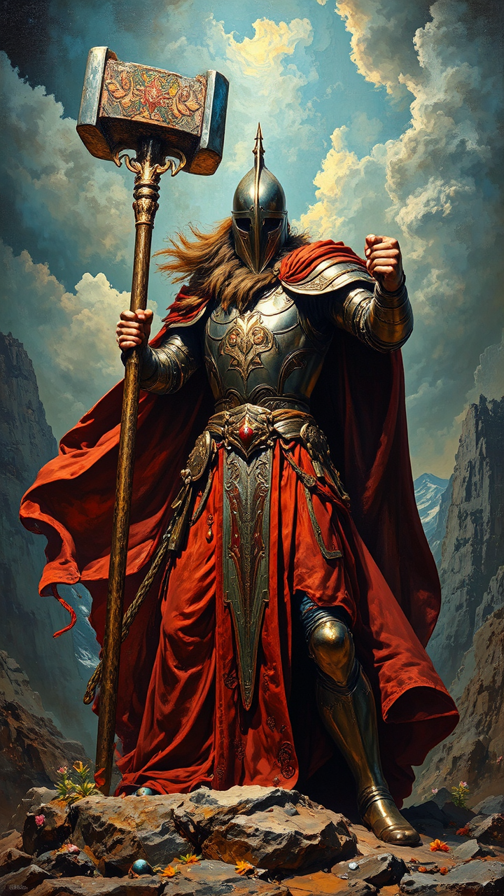 A heroic figure holds