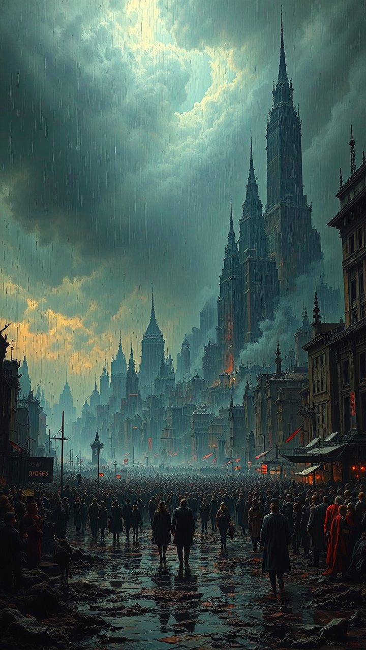 People walking in rainstorm