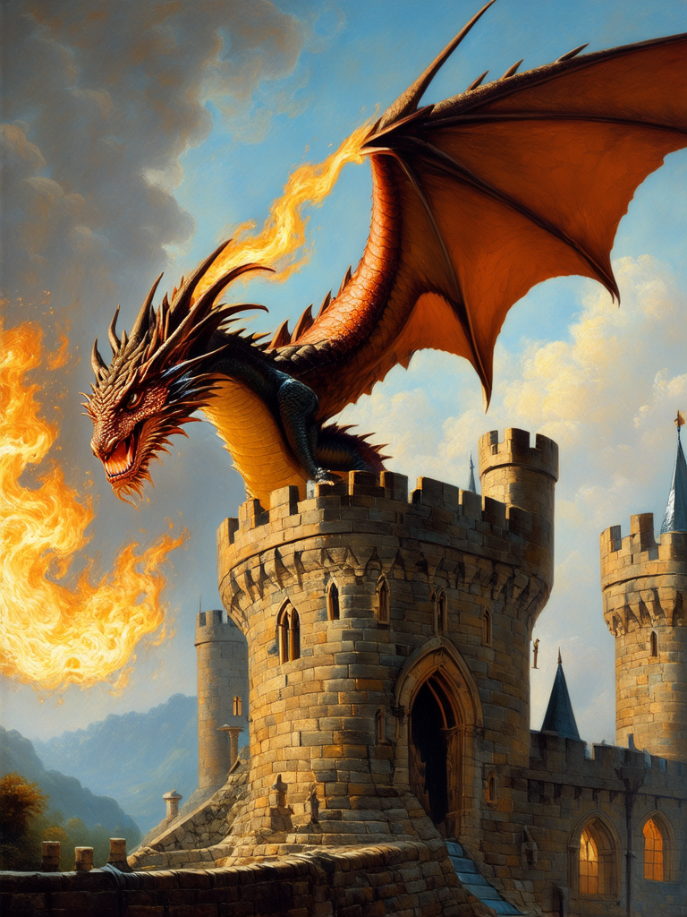 Medieval dragon breathes fire
