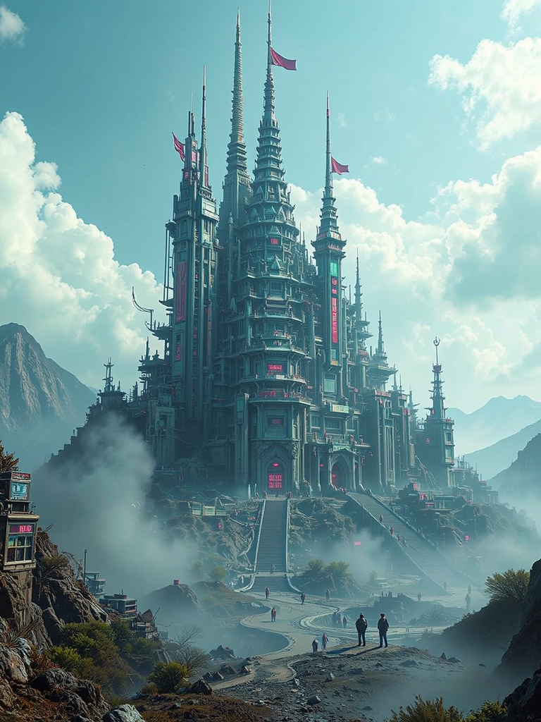 Cyberpunk Tokyo castle in