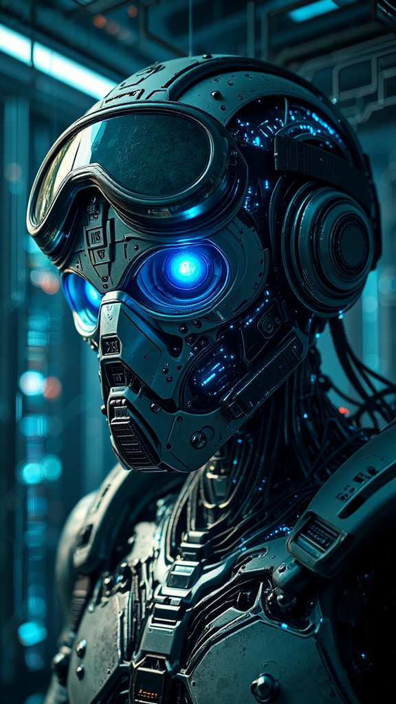Futuristic angry robot in