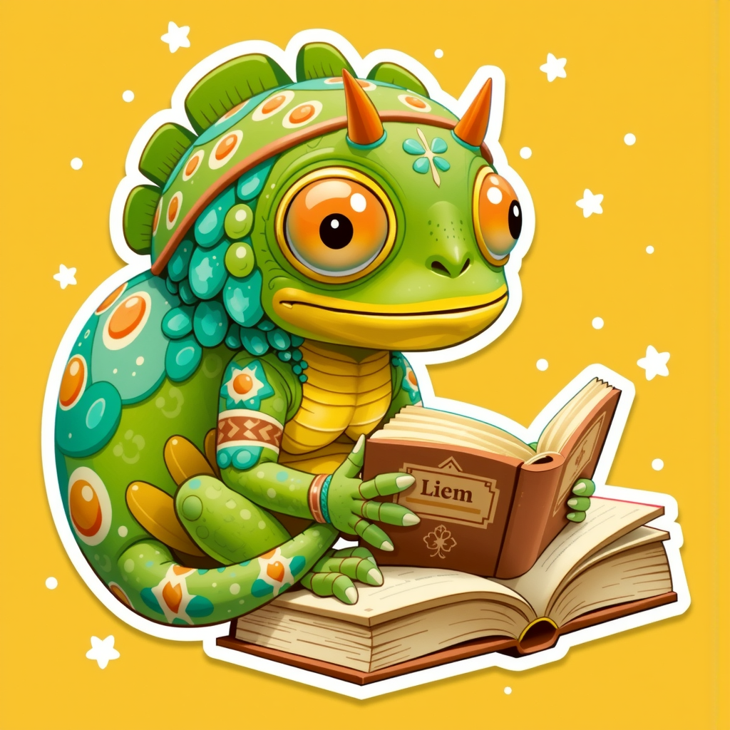 Victorian-style chameleon reads a