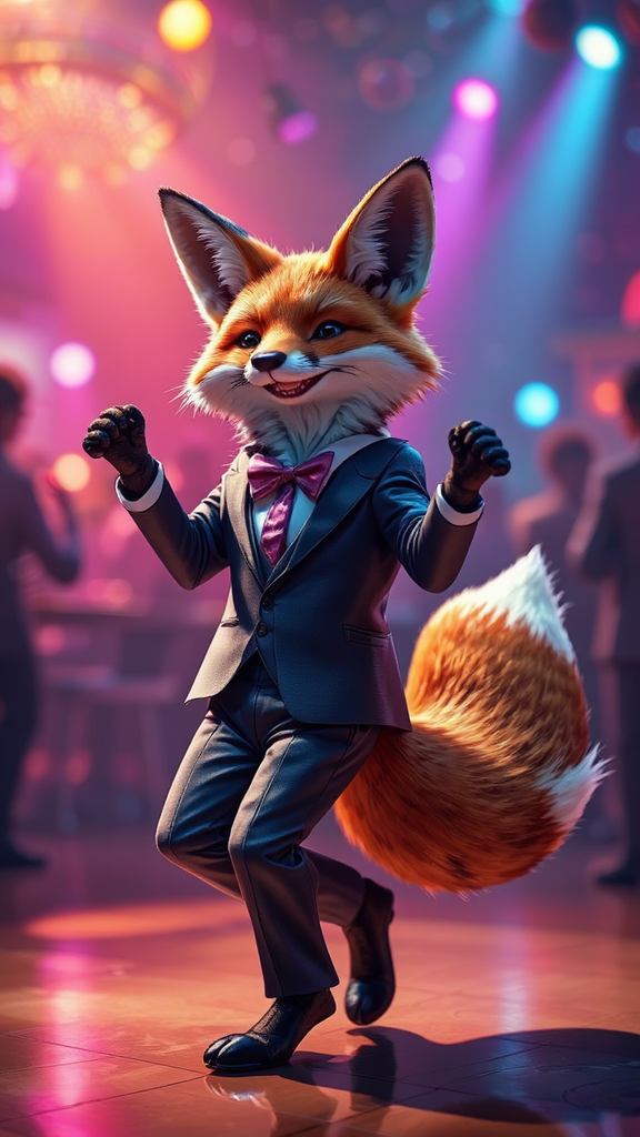A photorealistic fox dances