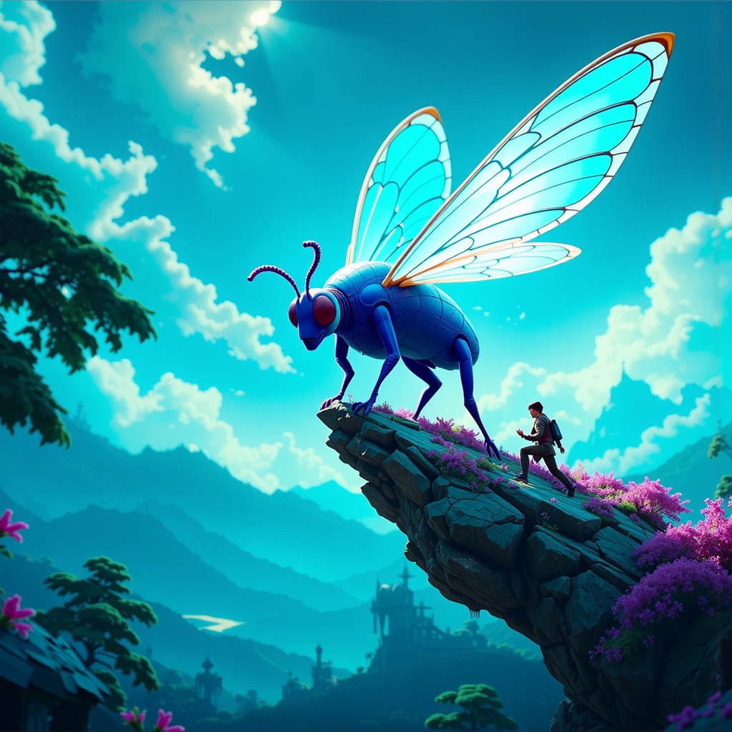 Azure-skinned dragon riding skitterfly.