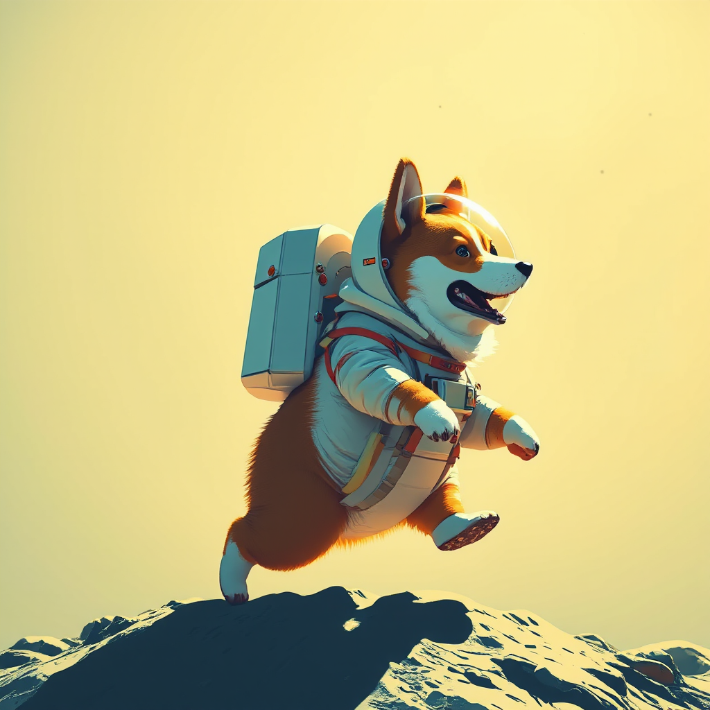 Corgi in spacesuit walks
