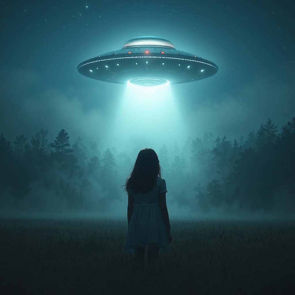 Girl stands under UFO