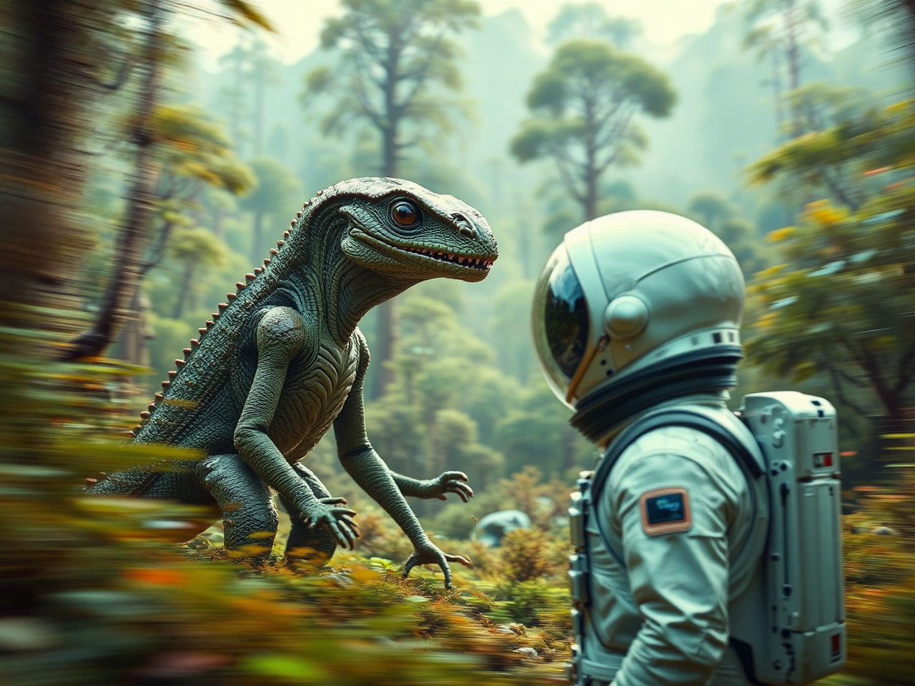 Astronaut meets alien lizard