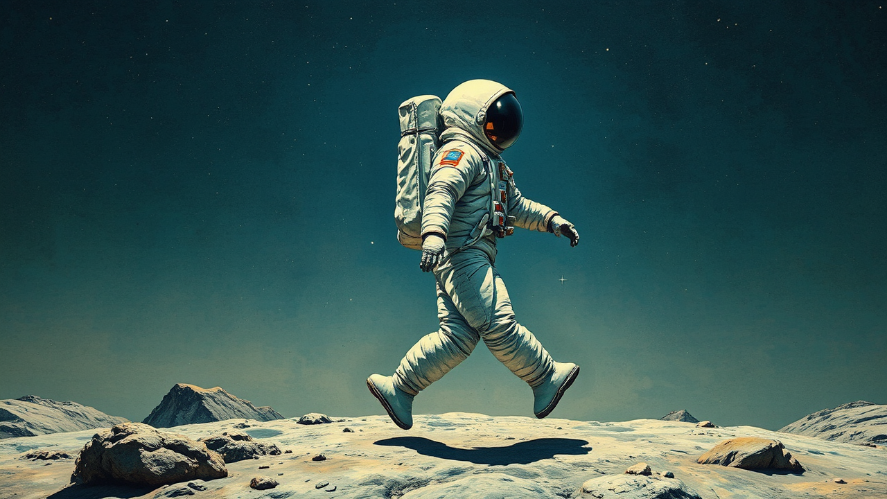 Astronaut walking backwards on