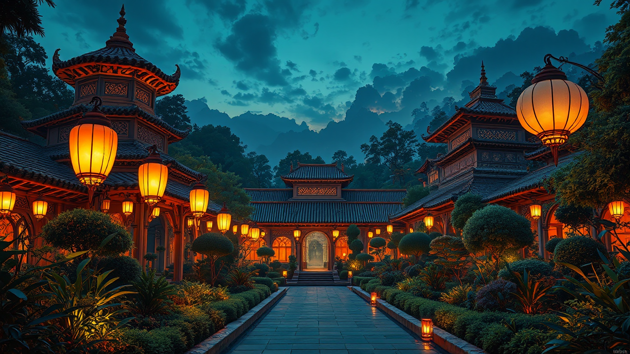 Garden scene with glowing