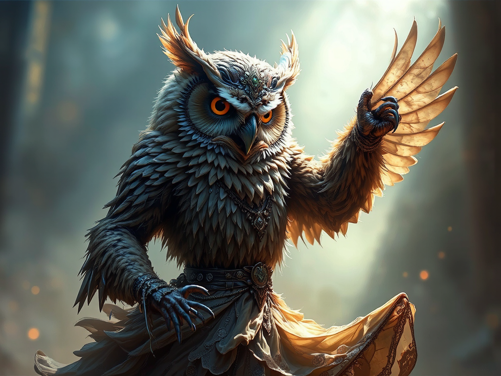 Anthropomorphic owlbear in elegant