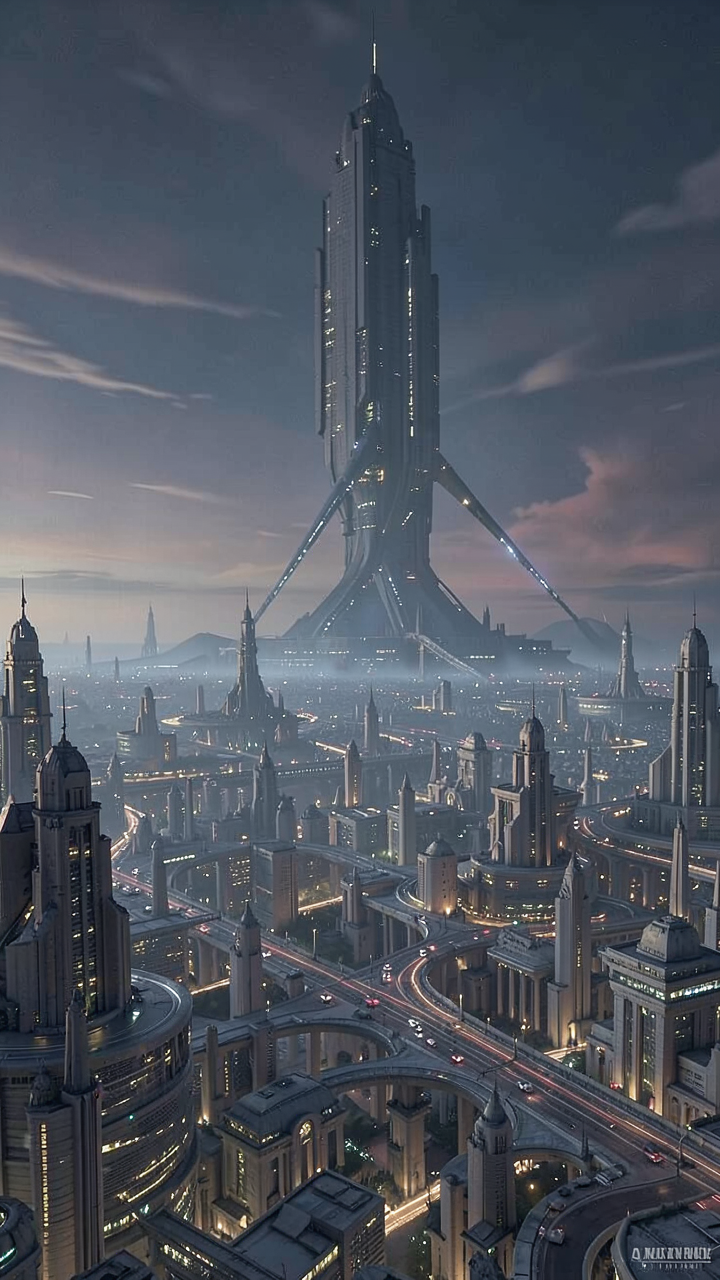 a sprawling alien city, a giant megastructure looms in the distance