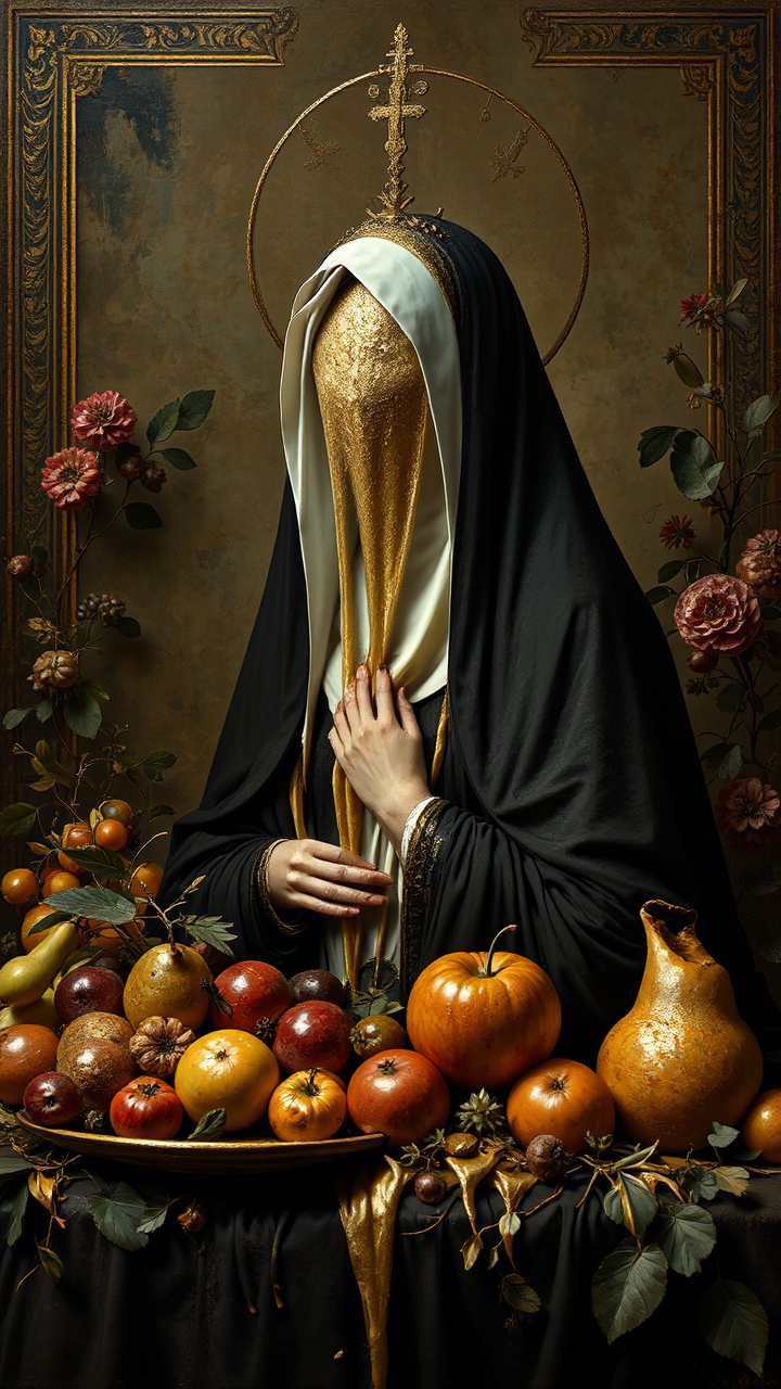 Veiled woman amidst lavish