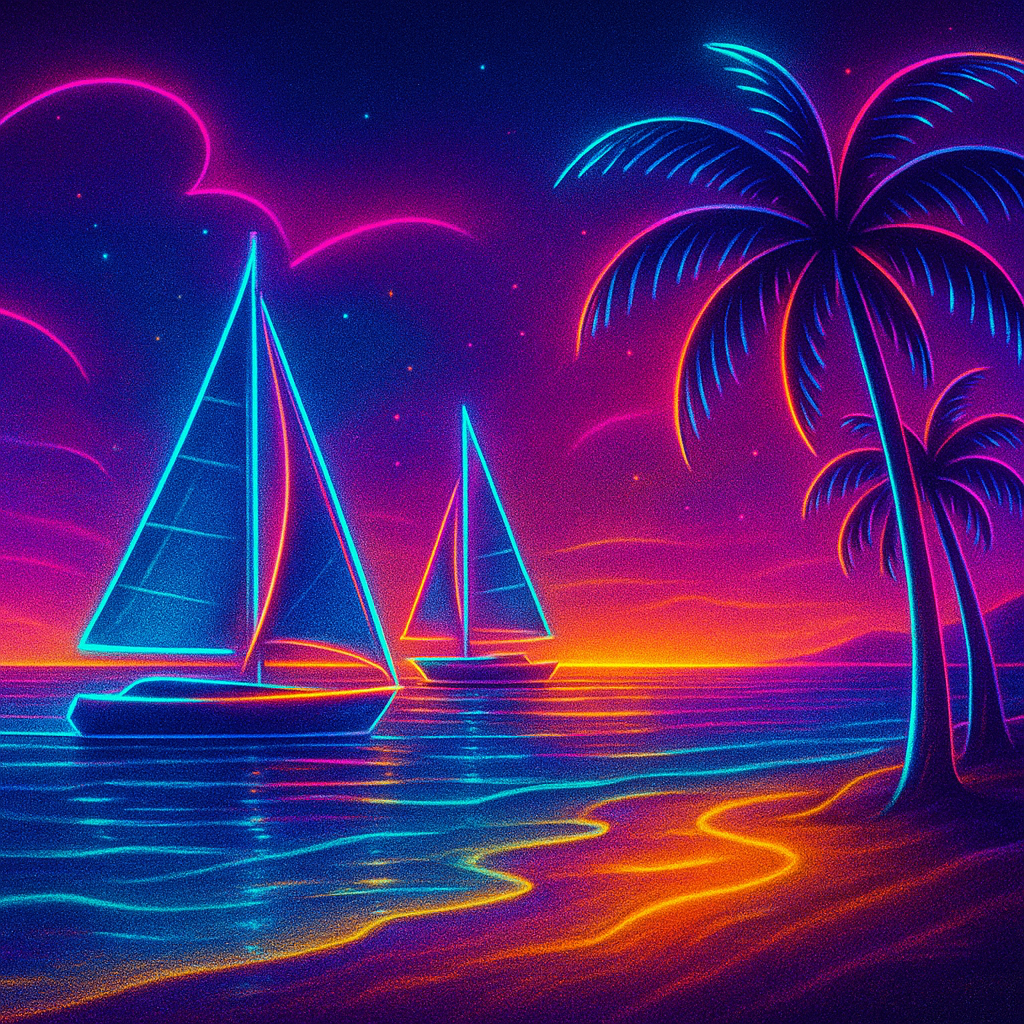 Море, песок, яхты и пальмы, abstract hdr neon glow