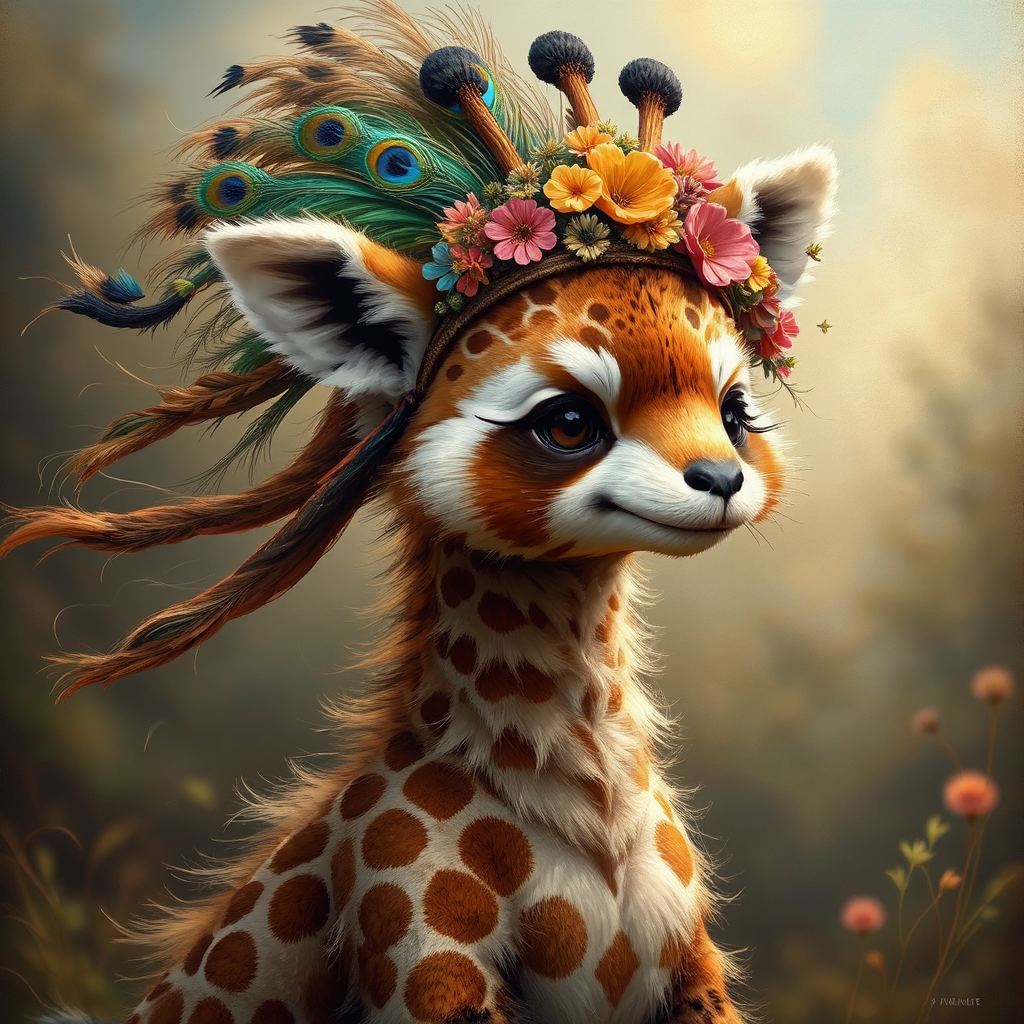 Hybrid giraffe-panda creature portrait.