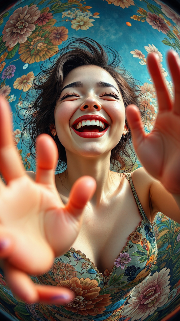 A woman smiling, hand