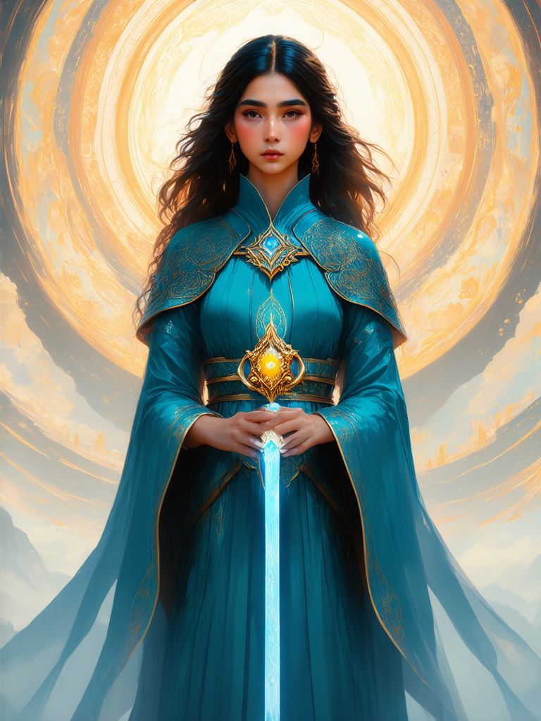 Mage in pastel-colored landscape.