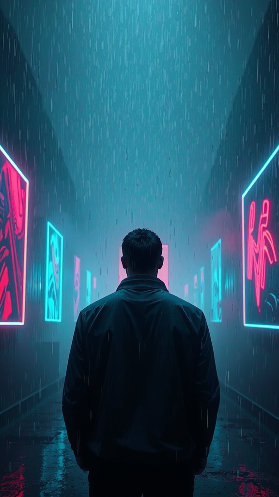 Man in rainy city