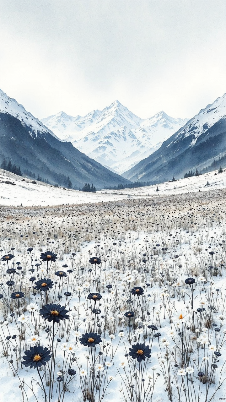 Snowy field with blooming
