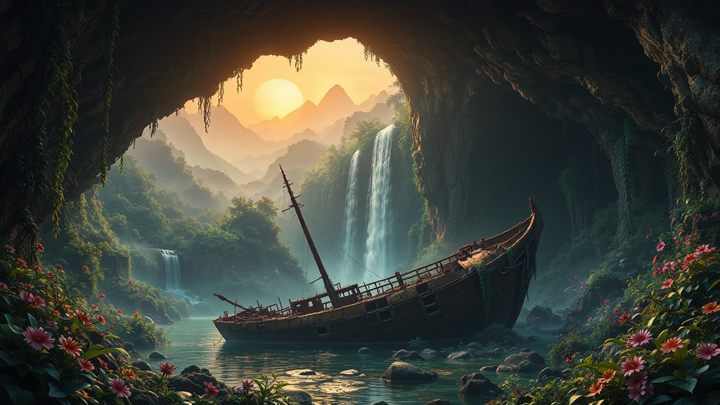 Rusty shipwreck in prehistoric